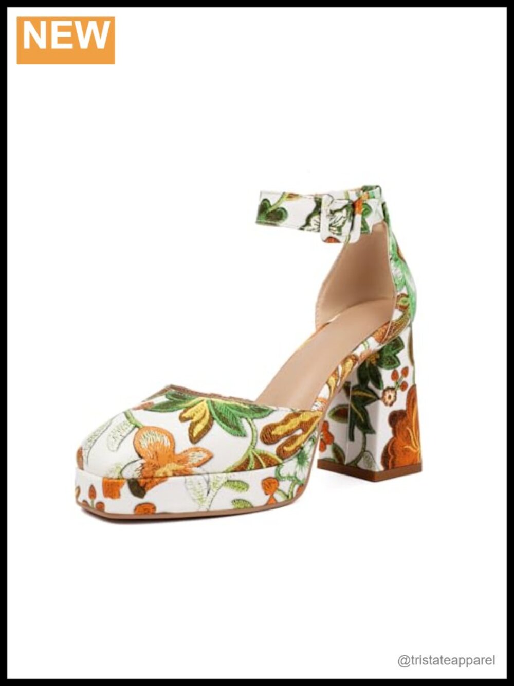 ForeMode Women's Floral Print Platform Pumps Chunky Block Heel Slingback Square